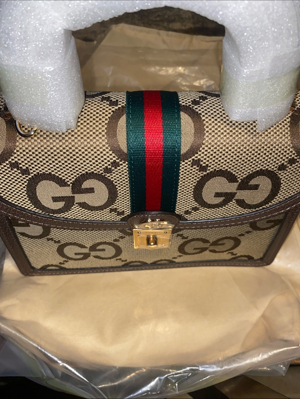 Gucci Brown GG Canvas Satchel with Green-Red Web Stripe and Gold Hardware